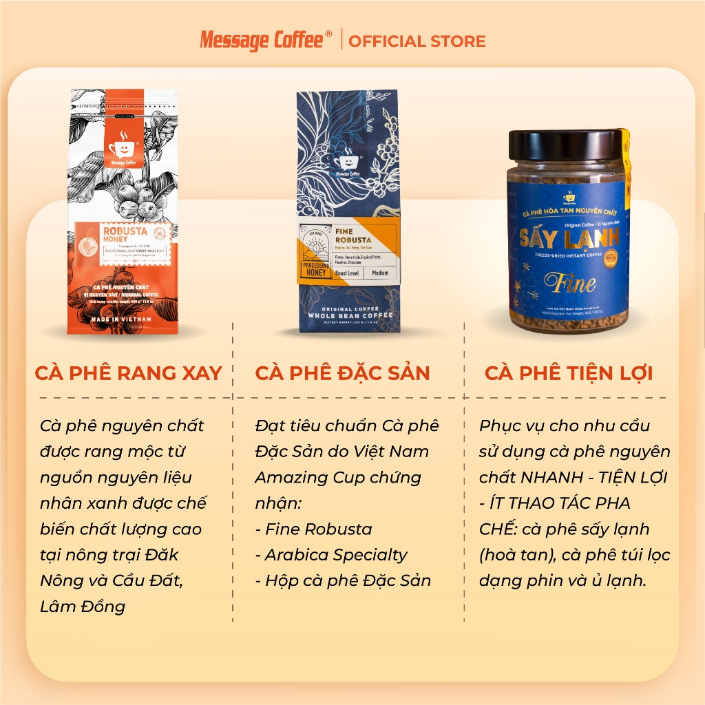 Cà phê Robusta Honey nguyên chất rang mộc 100% vị đắng đầm hậu ngọt thơm nồng dùng pha phin pha máy từ Message Coffee