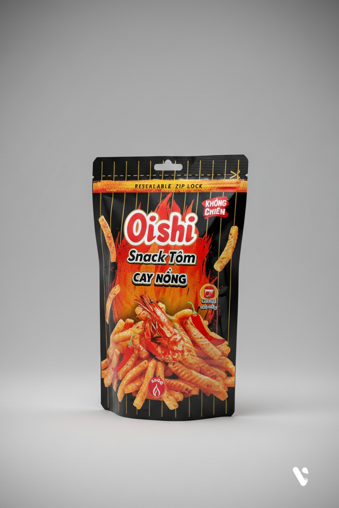 Oishi Snack Túi Zip 65g, Tôm Sốt Mật Ong, Tôm Cay Nồng