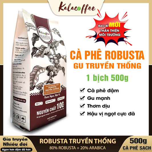 500g Cà phê Robusta Gu Truyền Thống tỷ lệ 8:2 (80% Robusta + 20% Arabica) Nguyên Chất 100% Đậm đà,Thơm Sâu, Hậu Ngọt