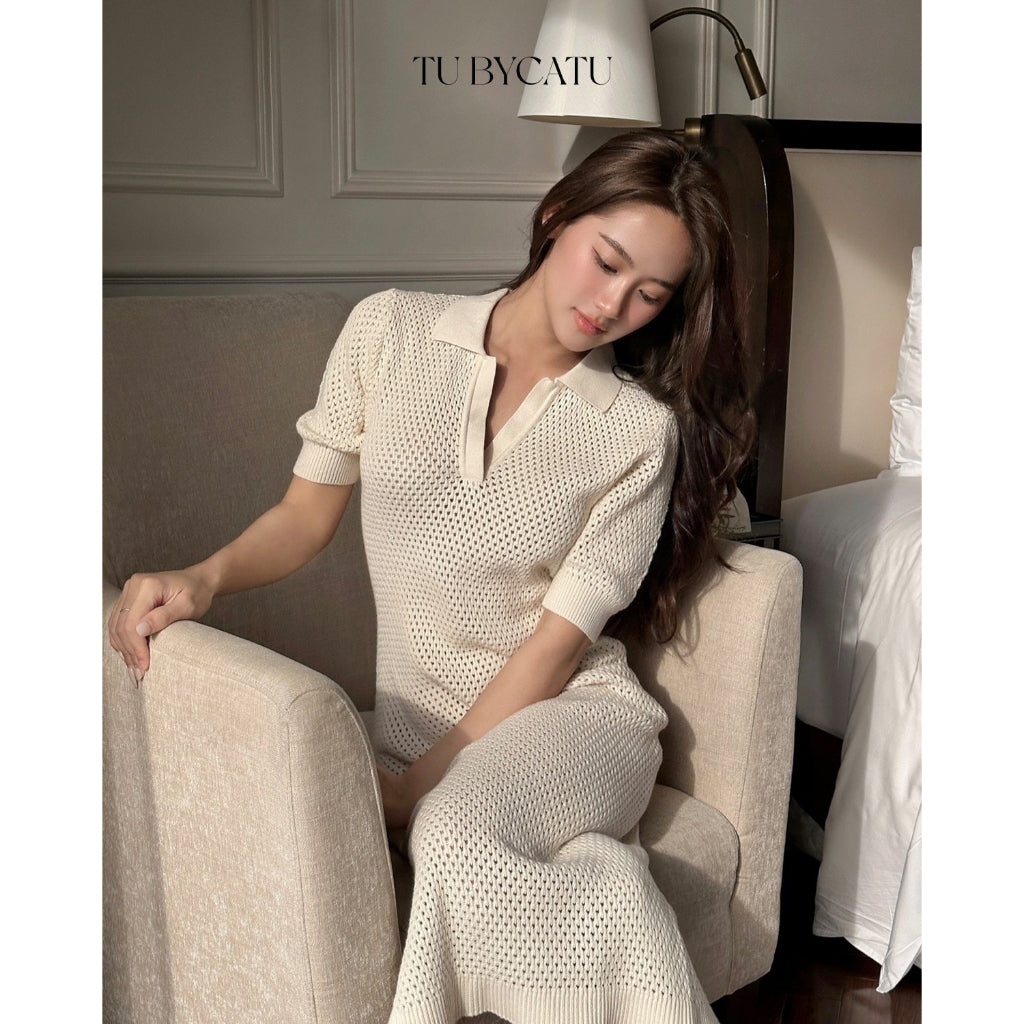 TUBYCAU | Đầm sơ mi len kem lỗ
