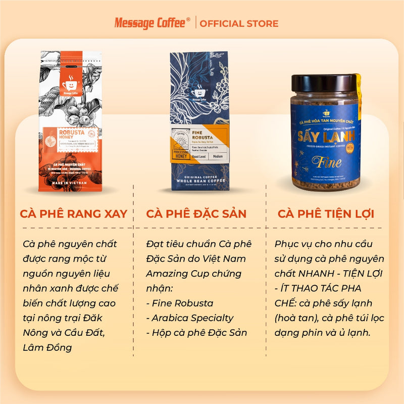 Cà phê Robusta Honey nguyên chất rang mộc 100% vị đắng đầm hậu ngọt thơm nồng dùng pha phin pha máy từ Message Coffee