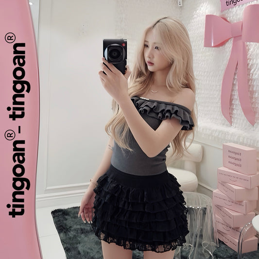 TINGOAN® - Áo len xù xám trễ vai phối hai bèo XING XING TOP/GR