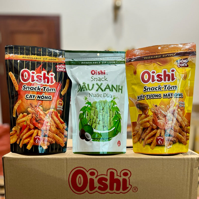 Oishi Snack Đậu Xanh Nước Cốt Dừa Túi Zip 65g, Tôm Sốt Mật Ong, Tôm Cay Nồng
