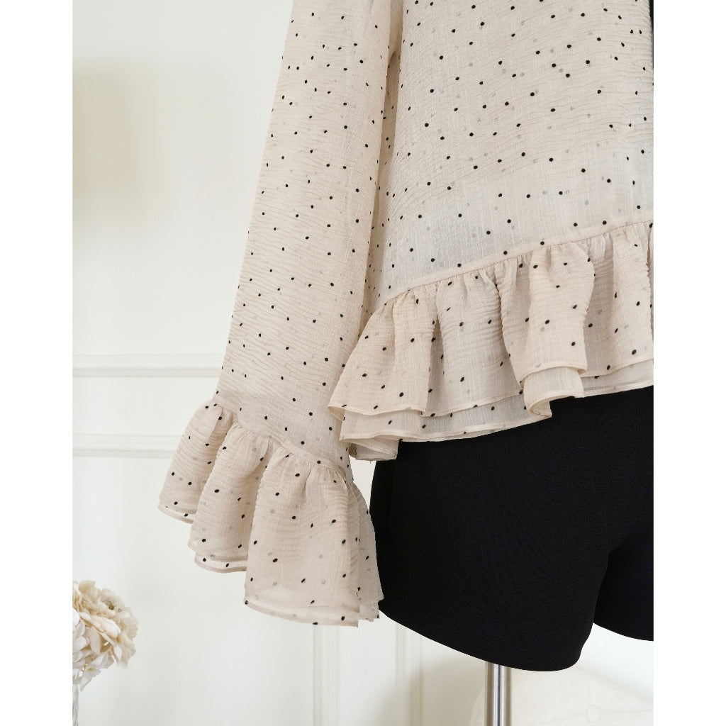 JOIE DES ROSES - Áo dáng xòe babydoll chấm bi phối nơ nhung Rosa Top