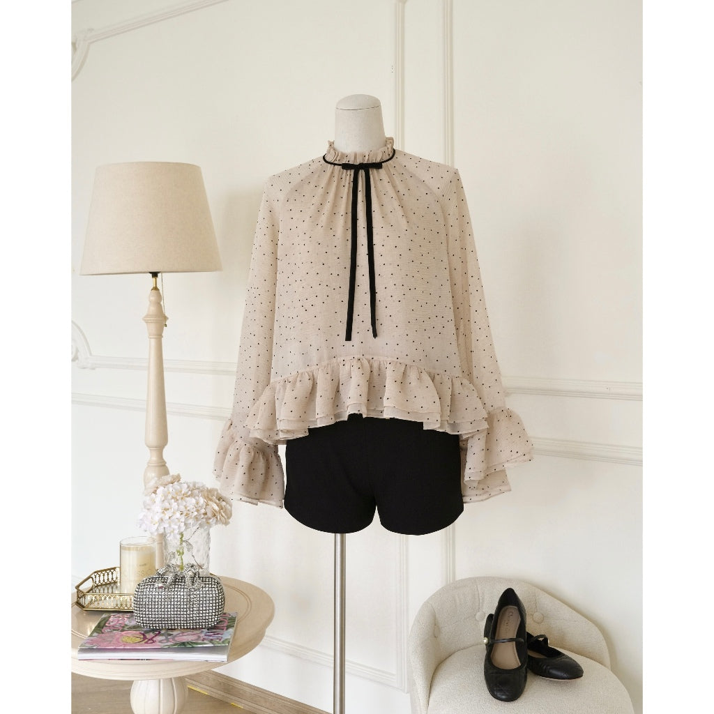 JOIE DES ROSES - Áo dáng xòe babydoll chấm bi phối nơ nhung Rosa Top