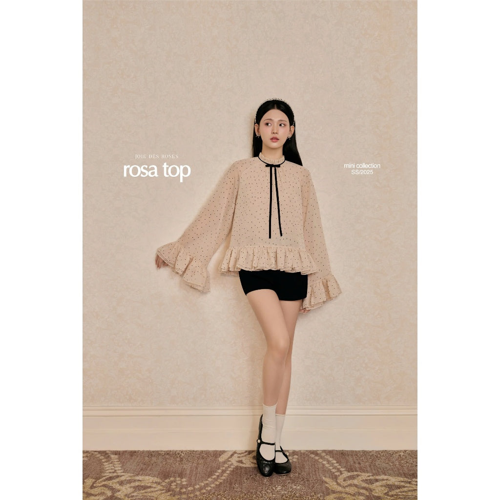 JOIE DES ROSES - Áo dáng xòe babydoll chấm bi phối nơ nhung Rosa Top
