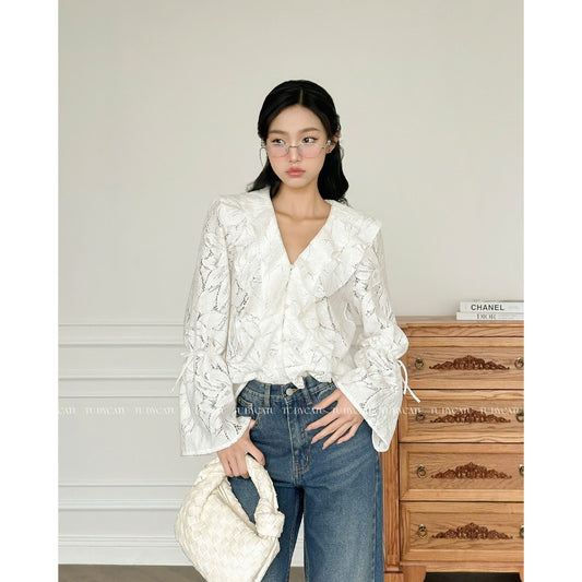 TUBYCATU | Áo sơ mi ren trắng phối bèo elsa ruffle white top