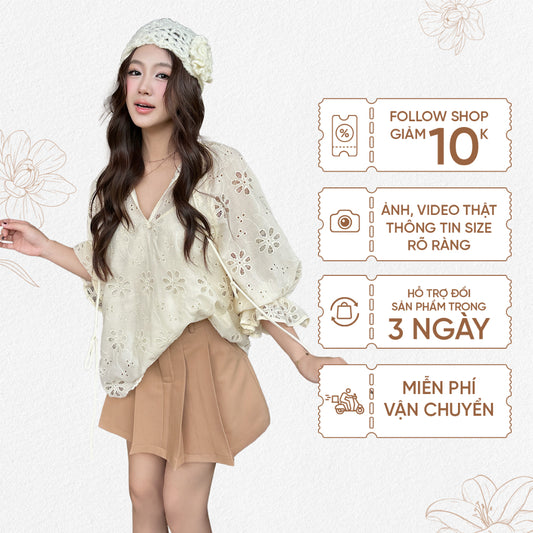 TUBYCATU |  Áo ren họa tiết hoa begie/ pink floral lace top