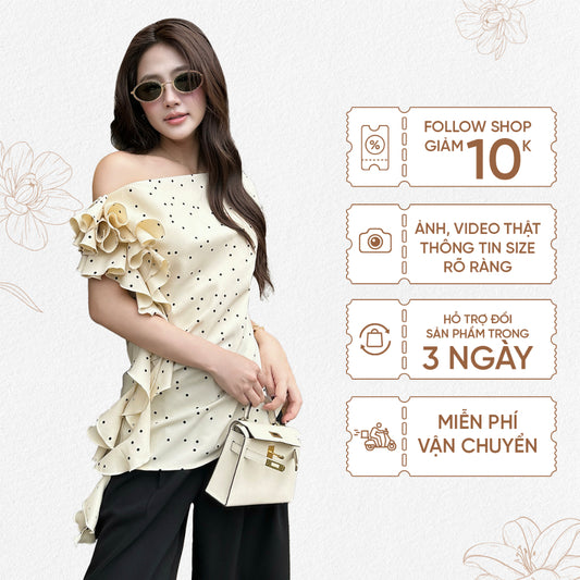 TUBYCATU | Áo lệch vai chấm bi cream polka dot top