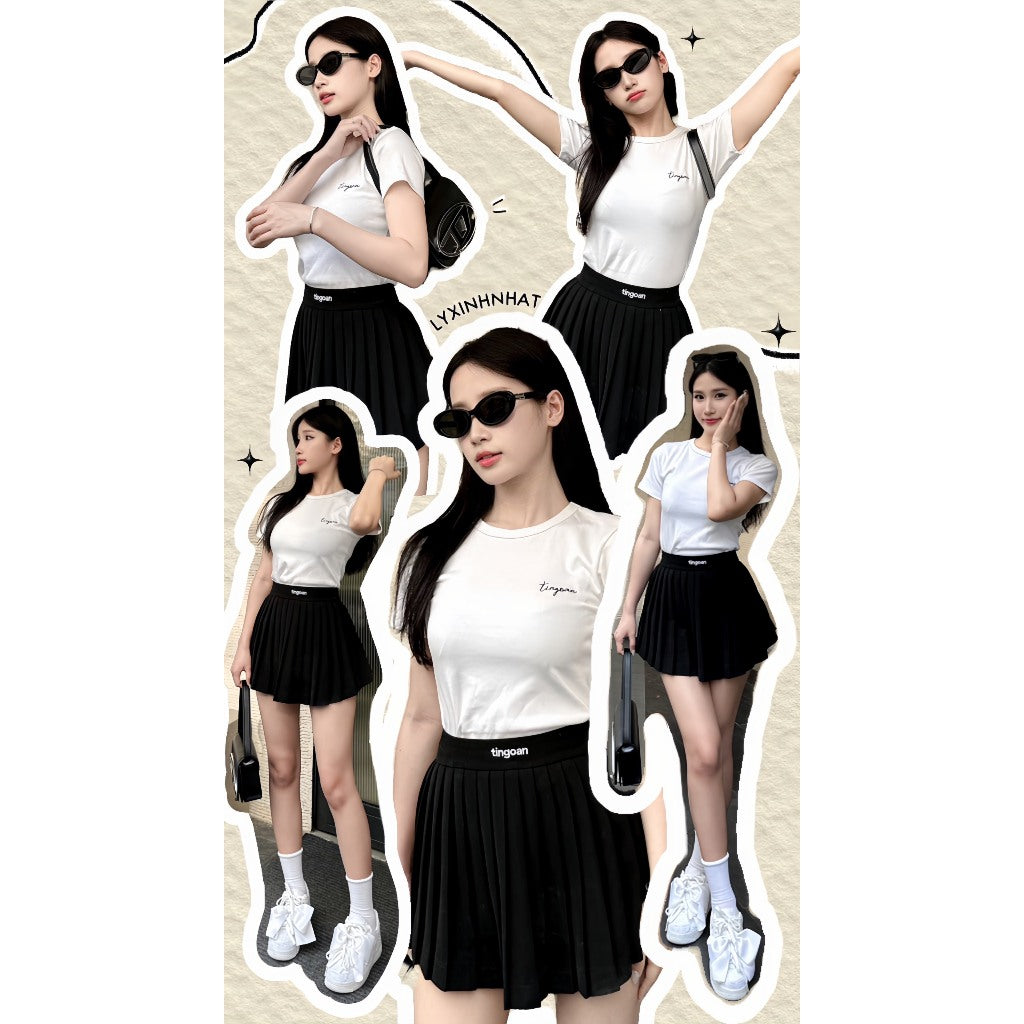 TINGOAN® X   - Chân váy cạp cao thêu chữ "TINGOAN" xếp ly tingoan