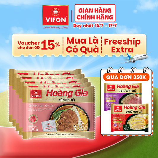 Set 5 gói VIFON Mì Hoàng gia Thịt bằm/Lẩu cua/Thịt bò/Kim chi/Lẩu thái/Hải sản/Hoành thánh/Mì quảng thịt bằm